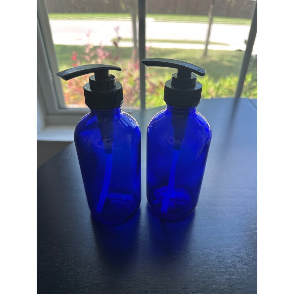 Set of 2 Cobalt Blue Glass Pump Bottles 8oz Lotion Soap Dispenser Reusable
